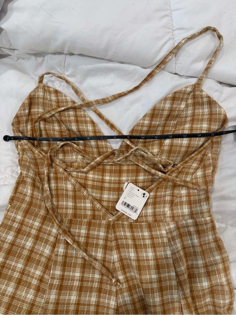 Free People Mustard Plaid Wide Leg Jumpsuit - Picture 6 of 8